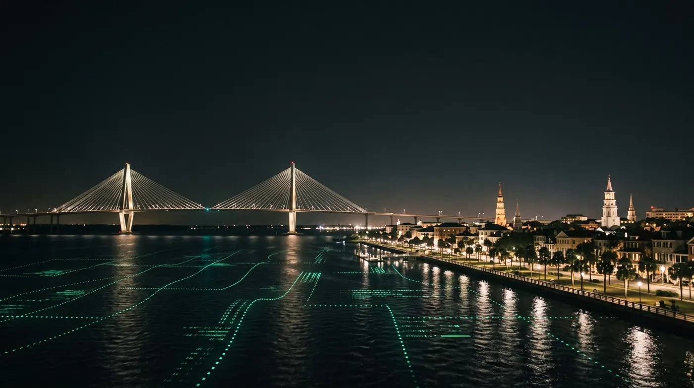 Charleston at night: the Ravenel bridge, the harbour and the steeples, with green data lines running across the water