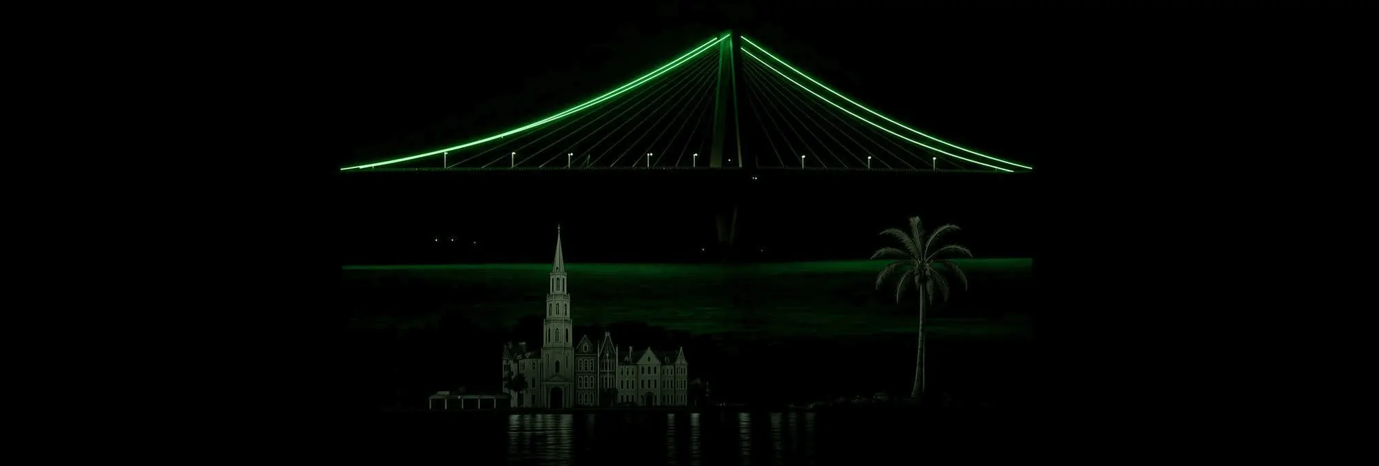 The Ravenel bridge and the Charleston waterfront at night, traced in green