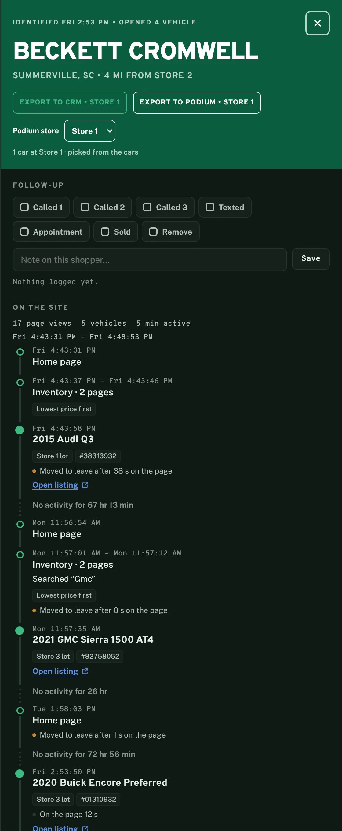 One sample shopper's record. A timeline lists each step of the visit: home page, inventory sorted by lowest price, a 2015 Audi Q3, no activity for 67 hours, then a search for GMC and a 2021 GMC Sierra 1500 AT4, and later a 2020 Buick Encore.