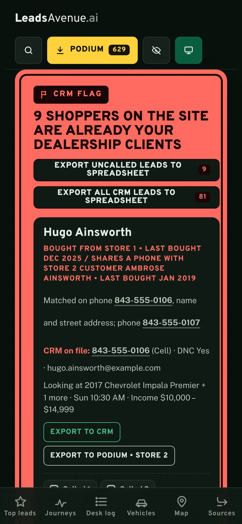The same desk on a phone: the red CRM FLAG panel reads 9 shoppers on the site are already your dealership's clients, above a sample customer card with numbers to tap and call.